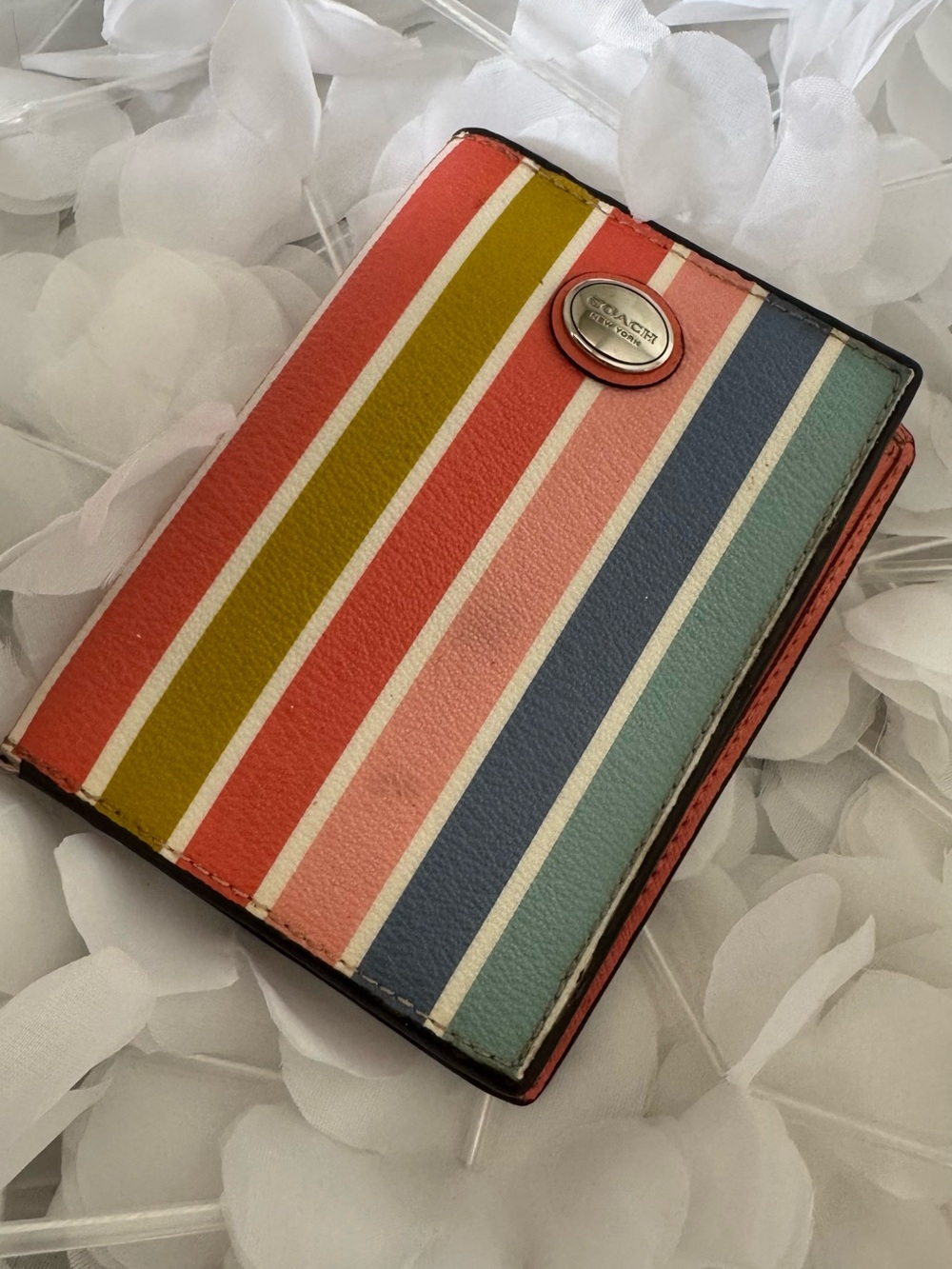 Coach Multicolor Striped Leather Card Holder in Coral, Mustard, Pink, Blue, Teal